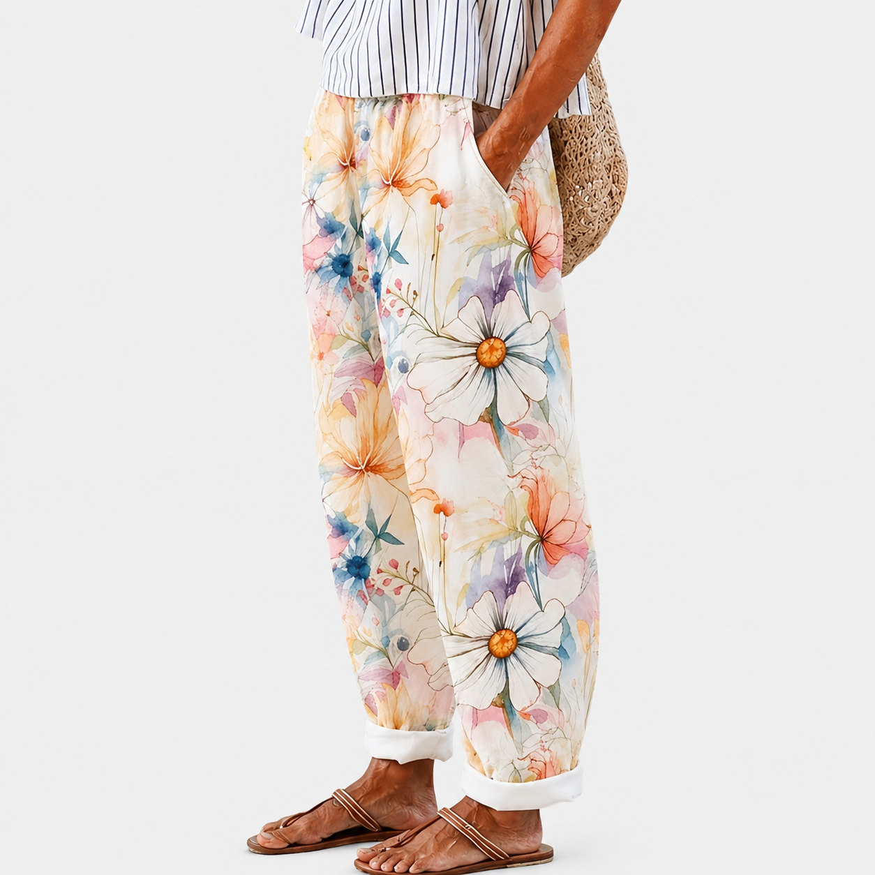 Pantalons Confortables à Motif Fleurs Pastel