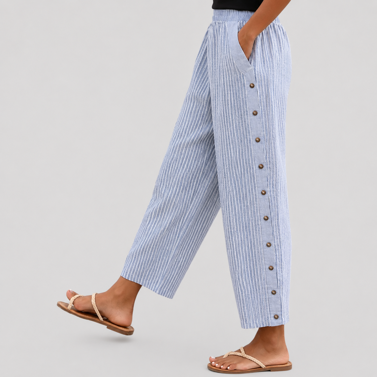 Linaya - Pantalons Rayés à Boutons